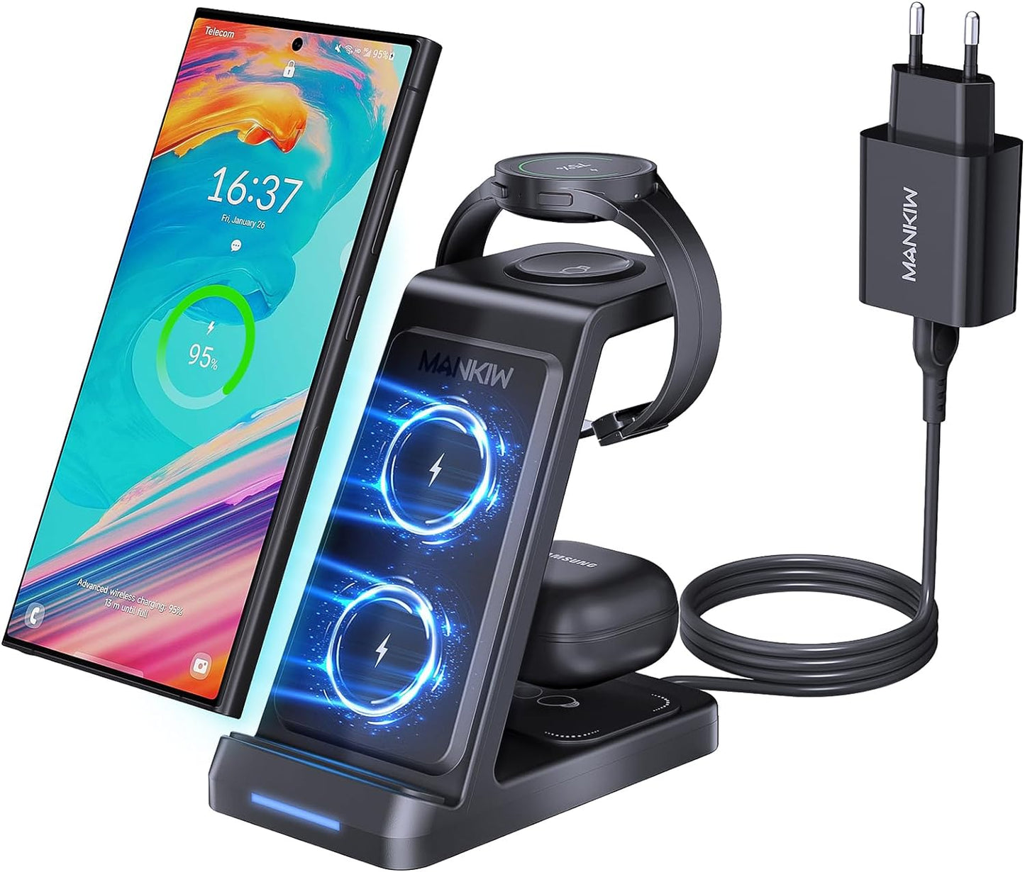Caricatore Wireless per Samsung,3 in 1 Ricarica Wireless per Samsung S24/S23/S22/S21/S20, Z Fold 5/4/3, Note20/10 Ultra, Watch 6/5/4/3/Active, Buds2/+/Pro/Live
