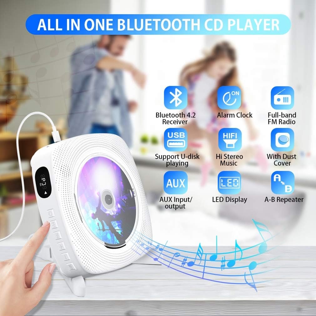 Lettore CD Portatile Con Bluetooth Lettore CD Montabile a Parete Altoparlanti Hifi Integrati Con Display LCD Audio Domestico Boombox Radio FM Lettore Musicale USB MP3