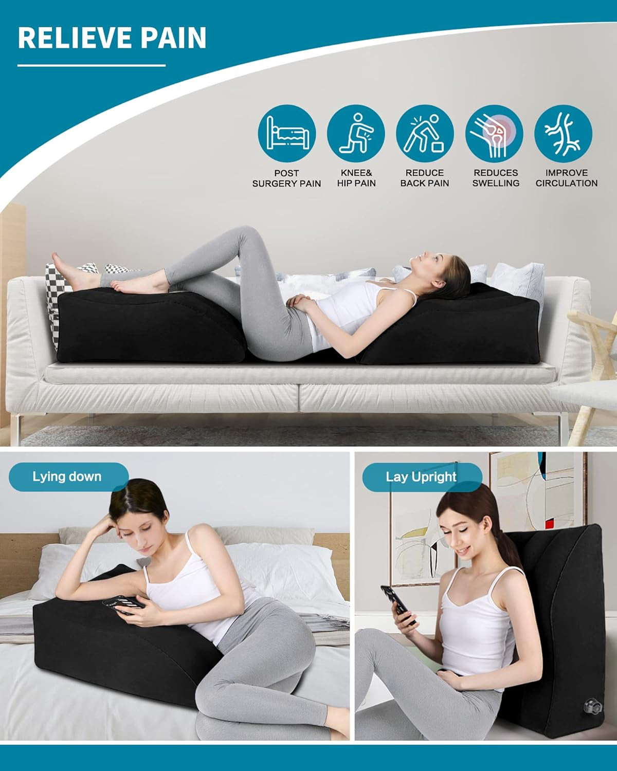 Cuscino per Gambe, Cuscini per Gambe Comfort per Dormire, Migliora La Circolazione E Riduce Il Gonfiore, Adatto per Migliorare La Qualità Del Sonno, Gravidanza, Chirurgia E Infortuni, Recupero(Nero)
