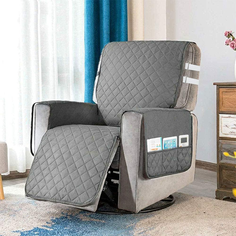 Fodera per Sedia Relax Con Imbottitura Antiscivolo, Rivestimento in Tessuto Antiscivolo, Con 2 Cinghie Di Chiusura, 6 Tasche Laterali, Rivestimento Protettivo per Divano a 1 Piazza, Colore: Grigio