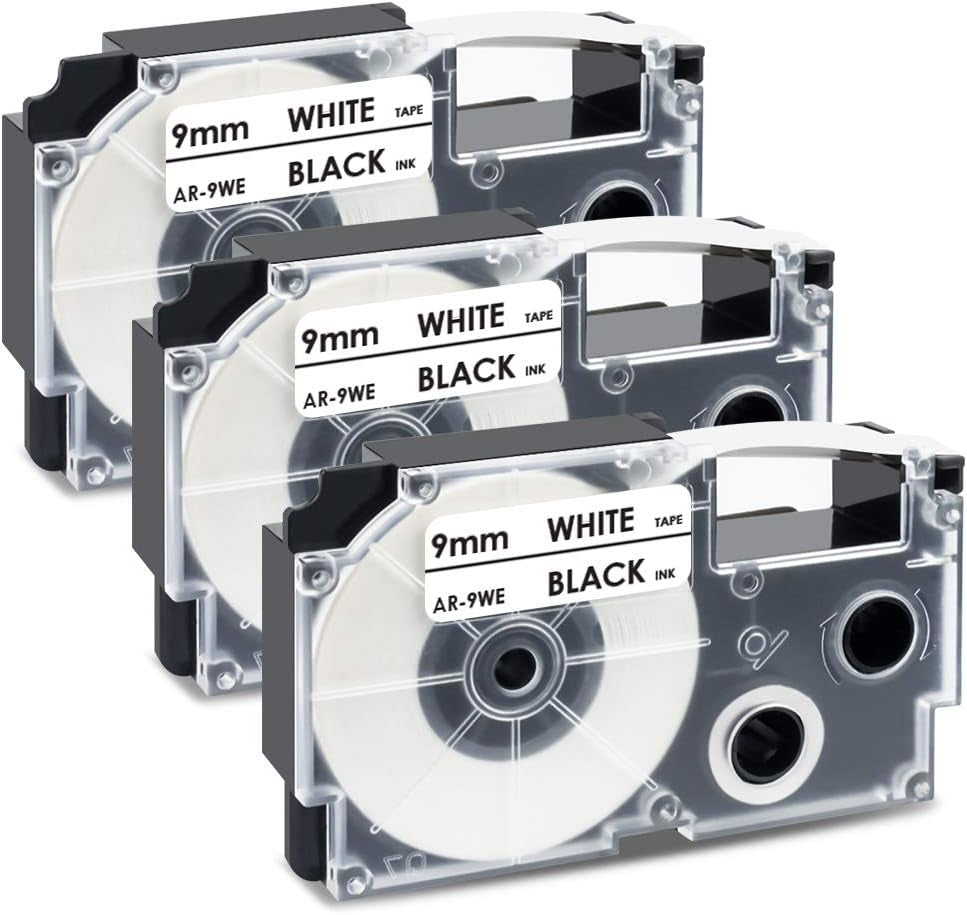 3X Compatibile per XR-9WE XR-9WE1 Nero Su Bianco 9Mm X 8M Nastro per KL-60 KL-120 KL-820 KL-60SR KL-70E KL-100 KL-200 KL-300 CW-L300 KL-430 KL-C500 Etichettatrice