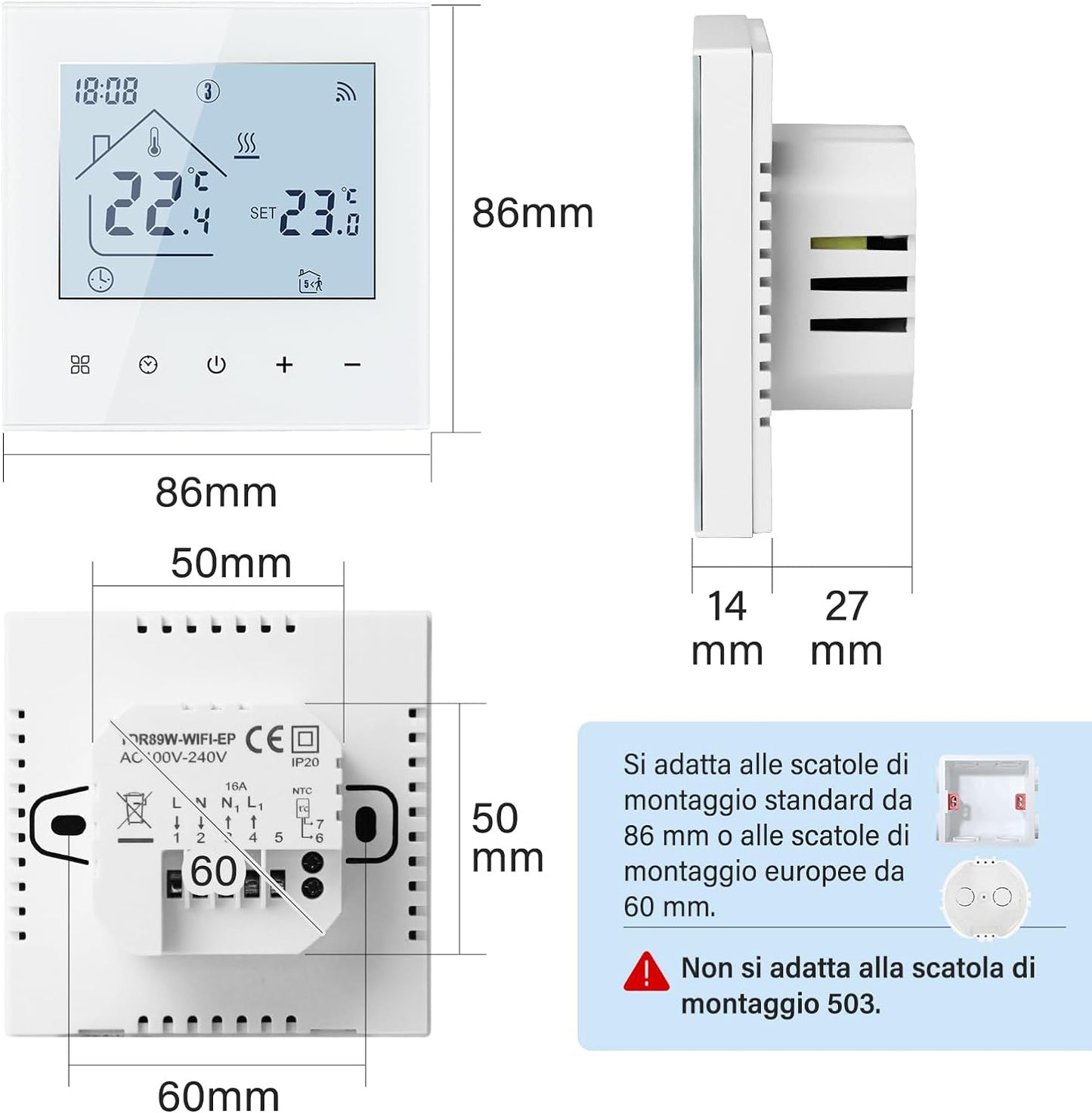 Beok Termostato Wifi Termostati Smart Ambiente per Riscaldamento a Pavimento Dell'Acqua Programmabile Regolatore Di Temperatura Con LCD, Compatibile Alexa, Google Home 3A TDR89W-WIFI-WP Bianco
