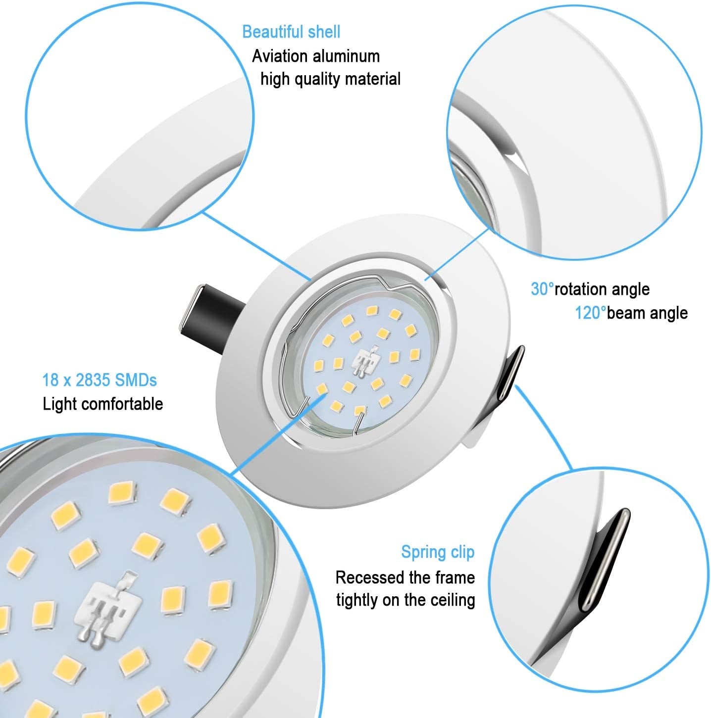 Faretti LED Da Incasso per Cartongesso,5 W Equivalenti a 60 W,Luce Bianco Caldo 2700K 600LM Orientabili 120 Gradi AC 220-240V (Set Da 6 2700K Rotonde Bianche)