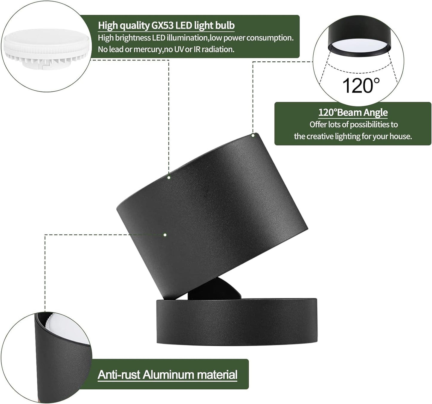 Faretto Da Soffitto a LED Orientabili Ø84*80Mm Con Modulo LED Intercambiabile 6W GX53 Lampadina LED Spot Light Nero Faretti Da Soffitto Luce Calda Bianca 3000K 550LM Apparecchio a Plafone