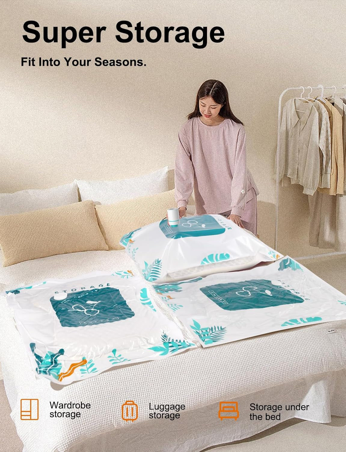 Sacchetti Sottovuoto Con Pompa Ad Aria Elettrica E Pompa a Mano, Confezione Da 12 (2 Jumbo, 2 Grandi, 2 Medi, 2 Piccoli, 4 Sacchetti Arrotolabili), Sacchetti Salvaspazio per Vestiti, Coperte, Piumini,
