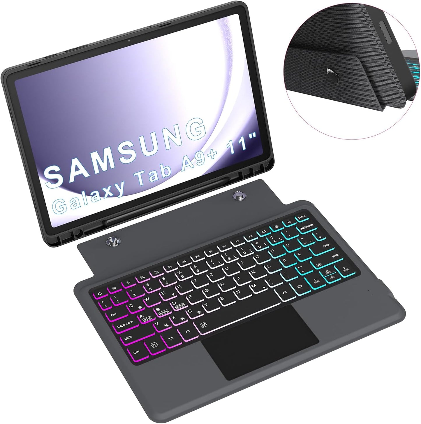 Custodia per Galaxy Tab A9+/A9 plus Da 11", Con Tastiera QWERTZ: Illuminazione a 3 Zone, Tastiera Con Trackpad, Tastiera Con Supporto per Samsung Galaxy Tab A9+ 2023 (SM-X210/X215/X216B)
