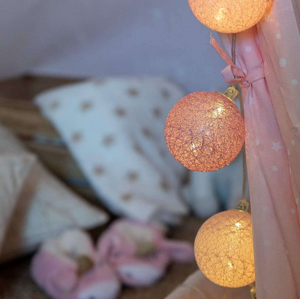 Ghirlanda Luminoso a LED per Batuffoli Di Cotone USB - Telecomando Wireless - Luce Notturna per Bambini 2H - Adattatore Doppio USB 2A Incluso - 4 Intensità - 32 Sfere 4,8 M - Principessa