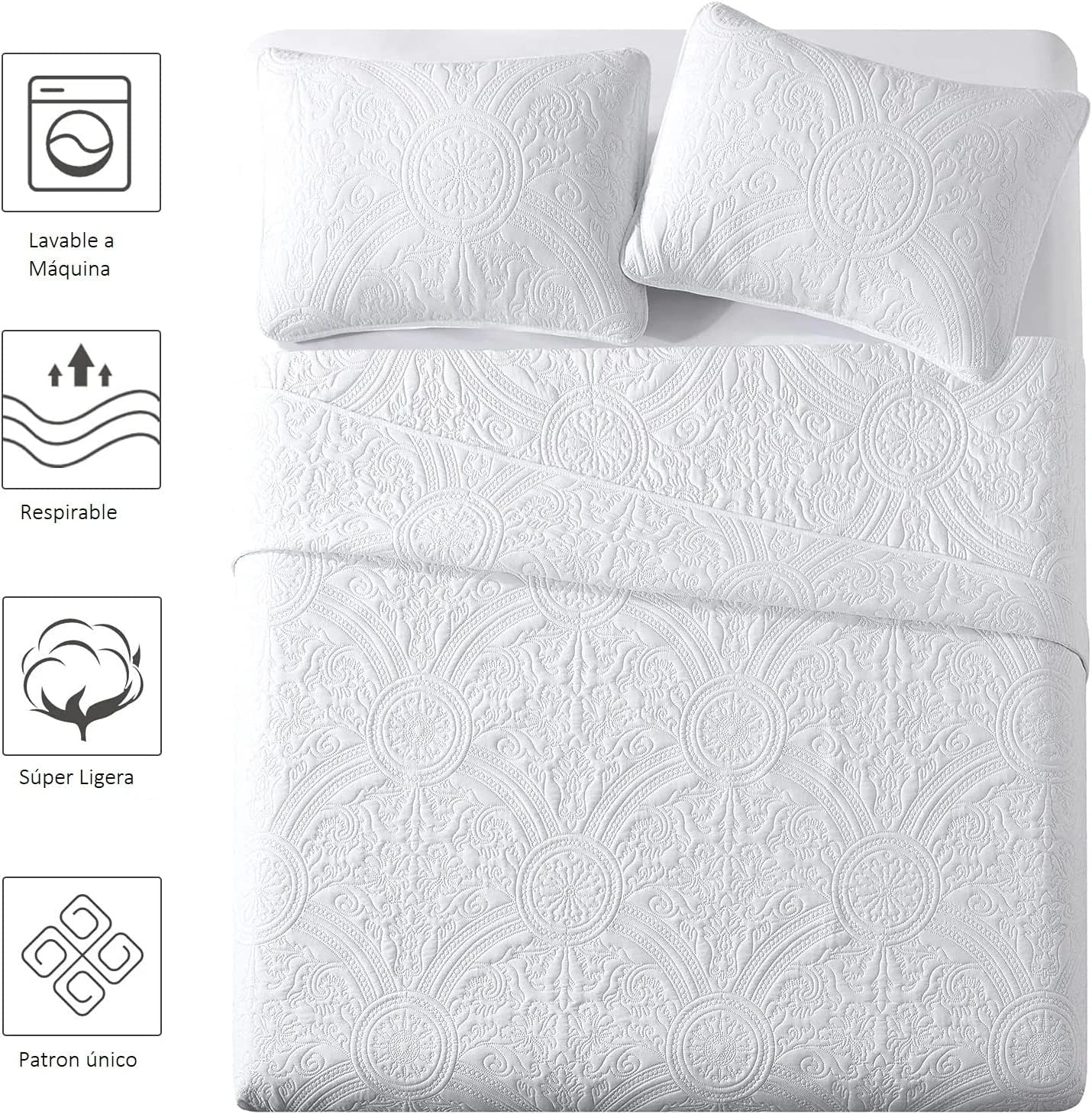 Copriletto Trapuntato Bianco per Letto Da 90 Floreale, Realizzato in Microfibra, Con Imbottitura Sottile Con Federa (Fiore Bianco H2023, Letto Da 90)