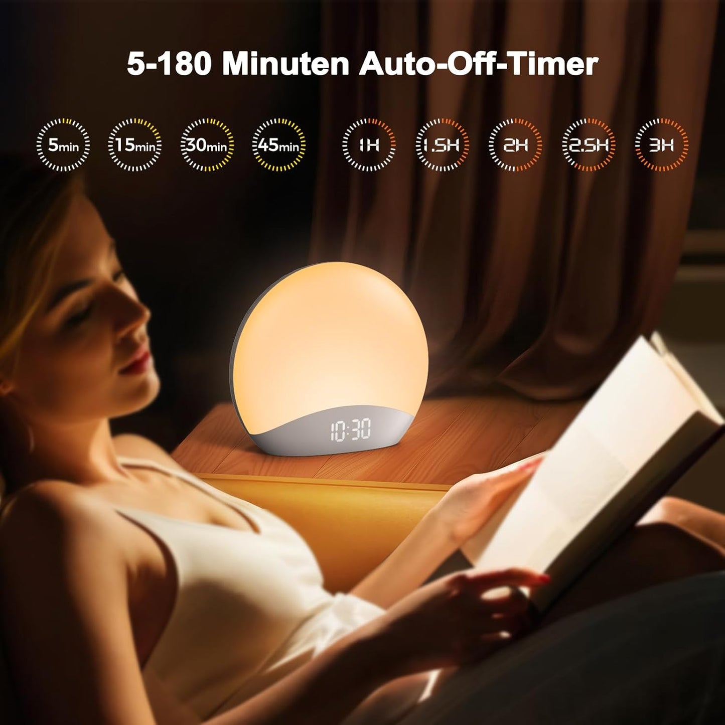 Sveglia Luminosa, 3 Suonerie Di Allarme, 20 Suoni Naturali per Dormire, Orologio Dimmerabile, Luce Notturna a 7 Colori per Bambini, Adulti, Camera Da Letto