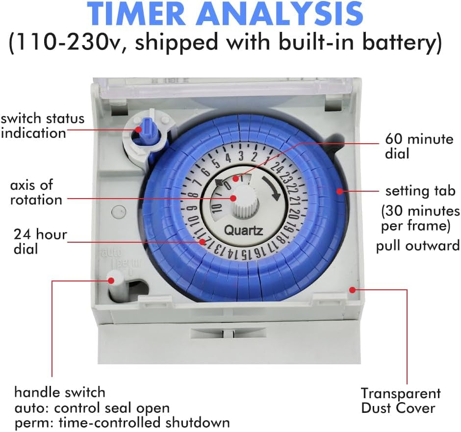 Timer per Luci, Sul181H Timer Meccanico 24 Ore, 110-230V Timer Analogico Meccanico Impermeabile Programmabile Interruttore Orario per Esterno, 48 ON/OFF Al Giorno