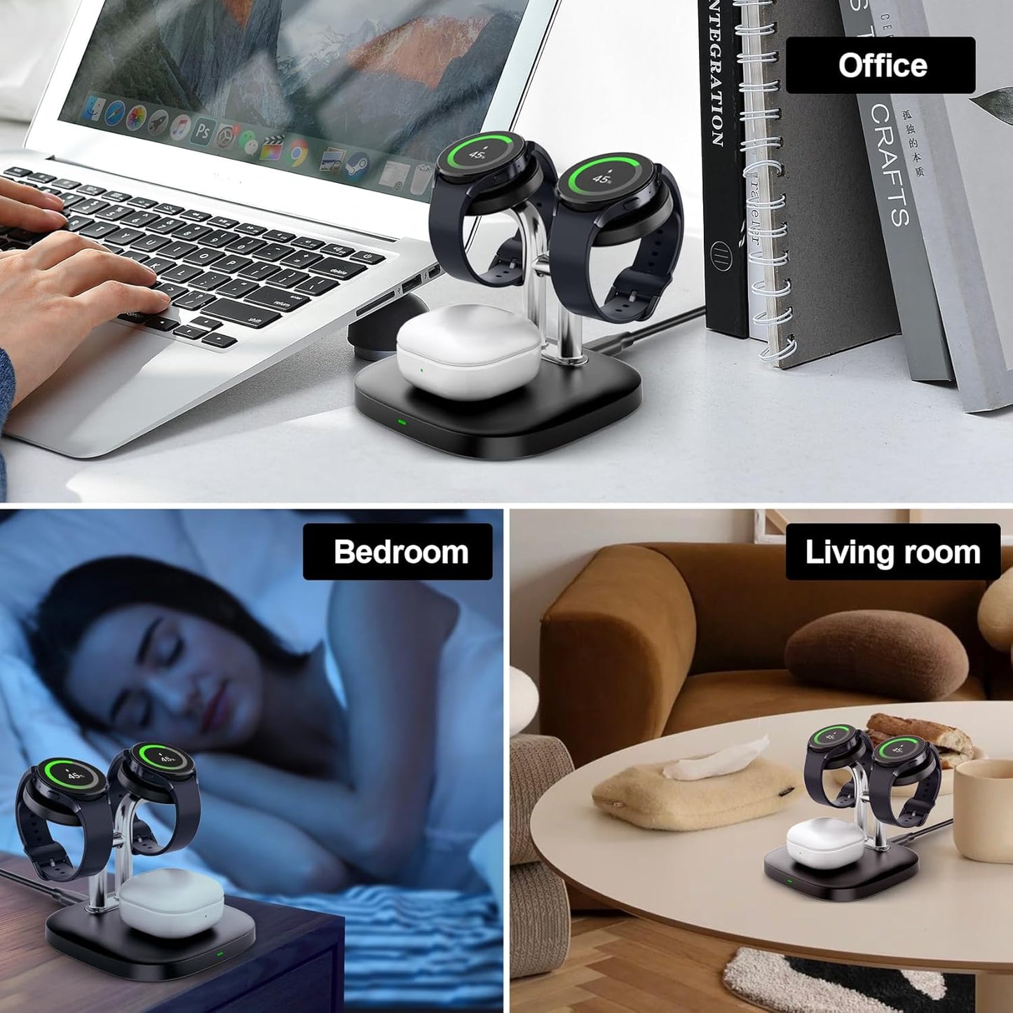 704S Dual Caricabatterie Wireless per Samsung Watch, Ricarica Wireless per Samsung Galaxy Watch Ultra/7/6/6 Classic/5 Pro/5/4 Classic/3, Galaxy Buds 2 Pro/Galaxy Buds+