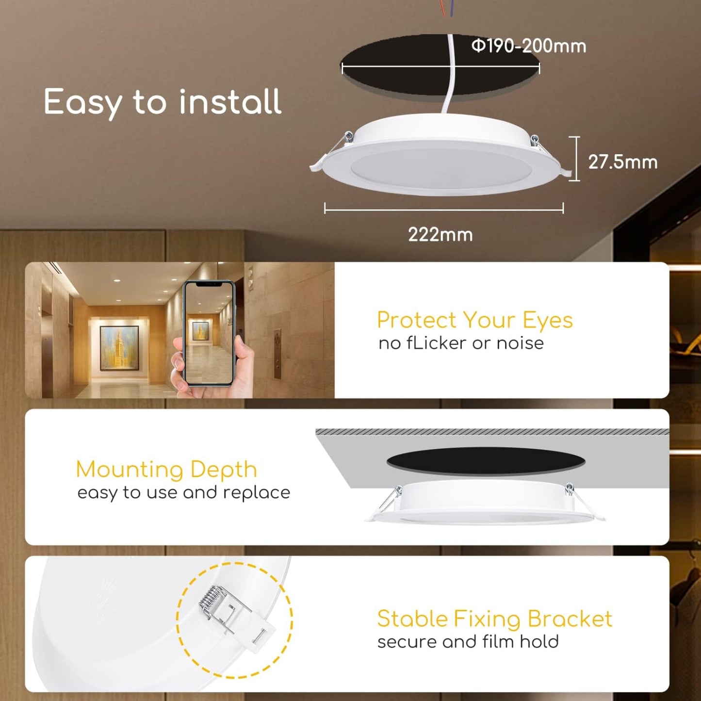 Downlight Da Incasso a LED, 18W Equivalente a 175W, Daylight 4000K, Faretti LED, Oblò a LED, Ф190-200Mm, Confezione Da 2
