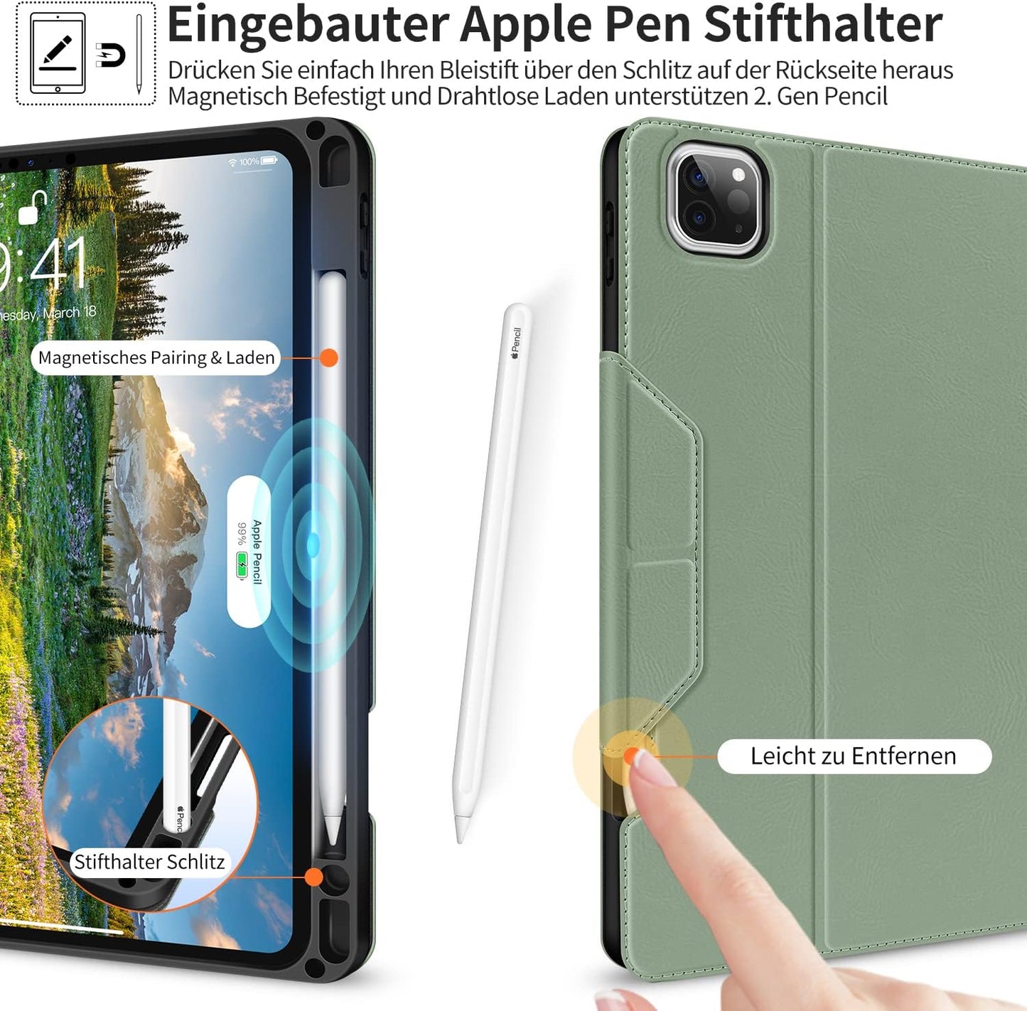 HOLIMET Custodia per Ipad Pro 11 2022 4 Generazione, 2021/2020/2018 (3/2/1A Gen) Ultra Smart Cover Con Pencil Holder per Pencil 2, Auto Svegliati/Sonno Case per Ipad Pro 11 Pollici - Verde