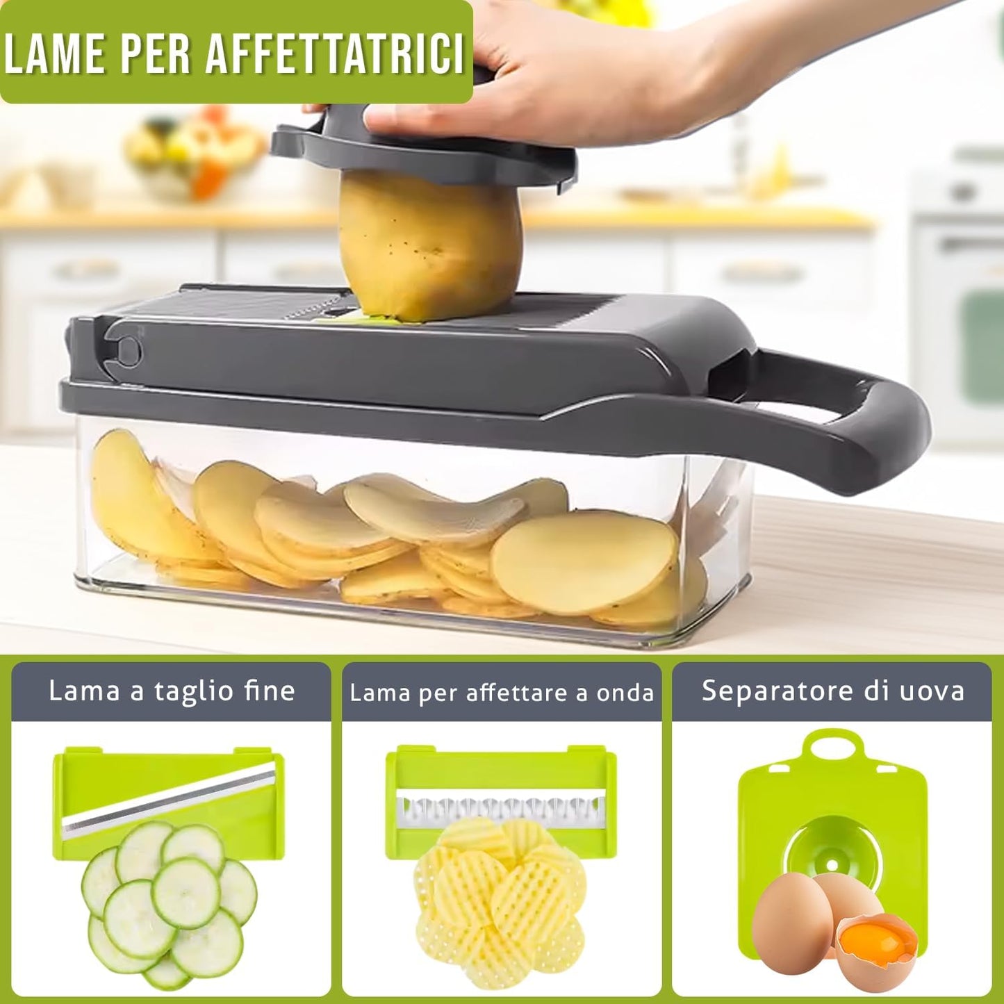 Mandolina 16 in 1 - Tagliaverdure Multiuso Con Lame Intercambiabili, Grattugia, Affettatrice, Tritatutto E Accessori Di Sicurezza, Ideale per Frutta, Verdura, Insalate E Altro