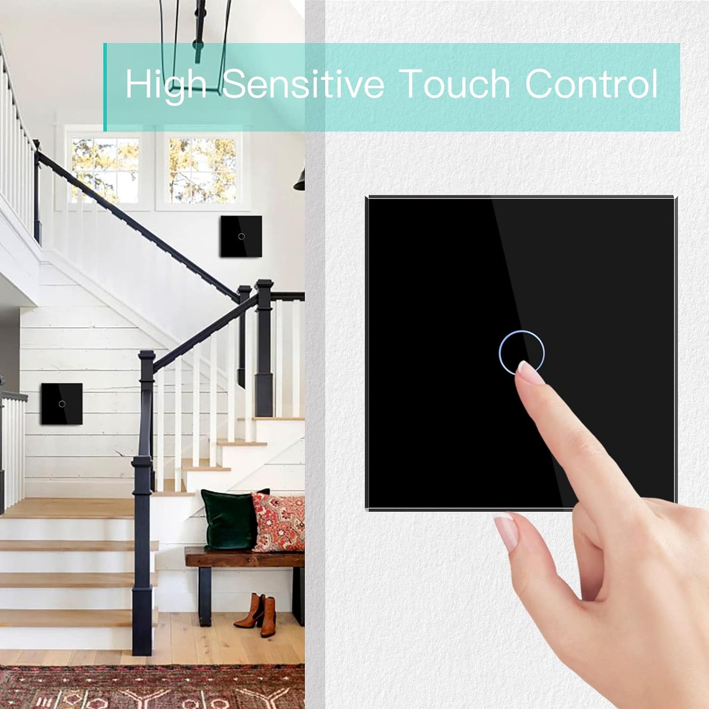 Interruttore Della Luce Touch 1 Scomparto a 2 Vie, in Vetro Nero, Interruttore Touch Screen, Funziona Con Lampada a LED Standard UE (Non Interruttore Intelligente)