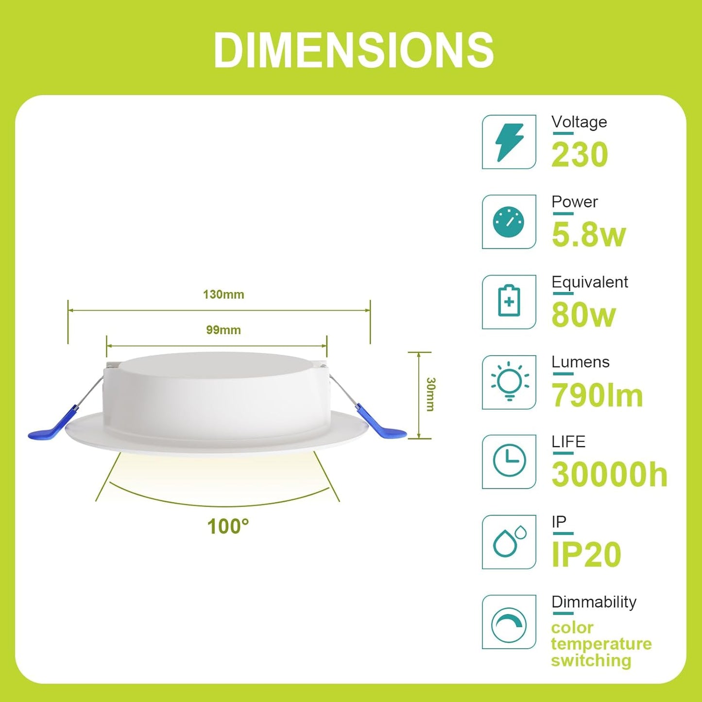 LED 230V Flat Dimmable 5.8W 790LM Faretto Da Incasso a Soffitto, Bianco Caldo 3000K Bianco Neutro 4000K Bianco Freddo 6500K Faretto Da Incasso per Cucina Soggiorno, 12 Pezzi