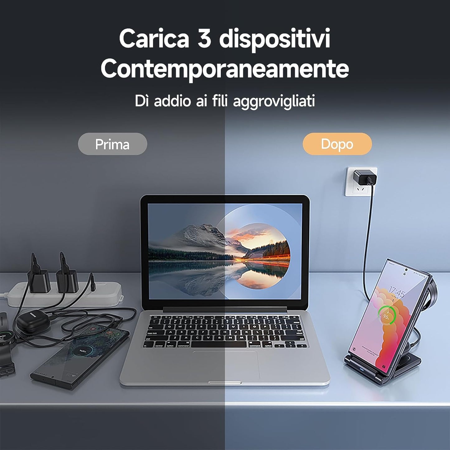 Stazione Ricarica per Samsung, Pieghevole 3 in 1 Base Ricarica Wireless per Samsung S24/S23/S22/S21/S20, Z Fold 5/4/3, Note20/10 Ultra, Watch 6/5/4/3/Active, Buds2/+/Pro/Live