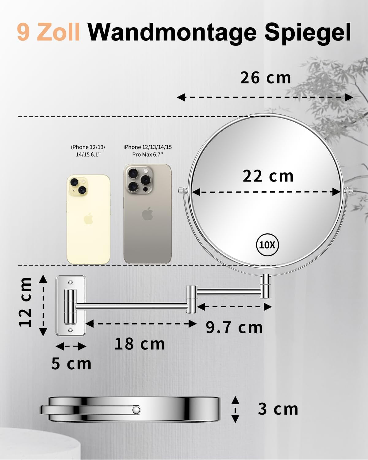 Gospire - Specchio Cosmetico Da 9 Pollici, Montaggio a Parete, Double-Face, Specchio Barba, Trucco Con Ingrandimento Normale E 5X, Orientabile 360°, Cromato, per Bagno, Studio Cosmetico, Hotel