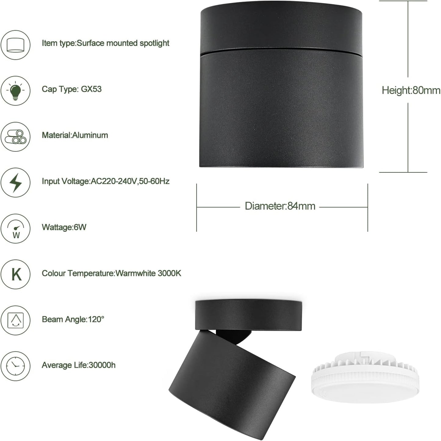 Faretto Da Soffitto a LED Orientabili Ø84*80Mm Con Modulo LED Intercambiabile 6W GX53 Lampadina LED Spot Light Nero Faretti Da Soffitto Luce Calda Bianca 3000K 550LM Apparecchio a Plafone