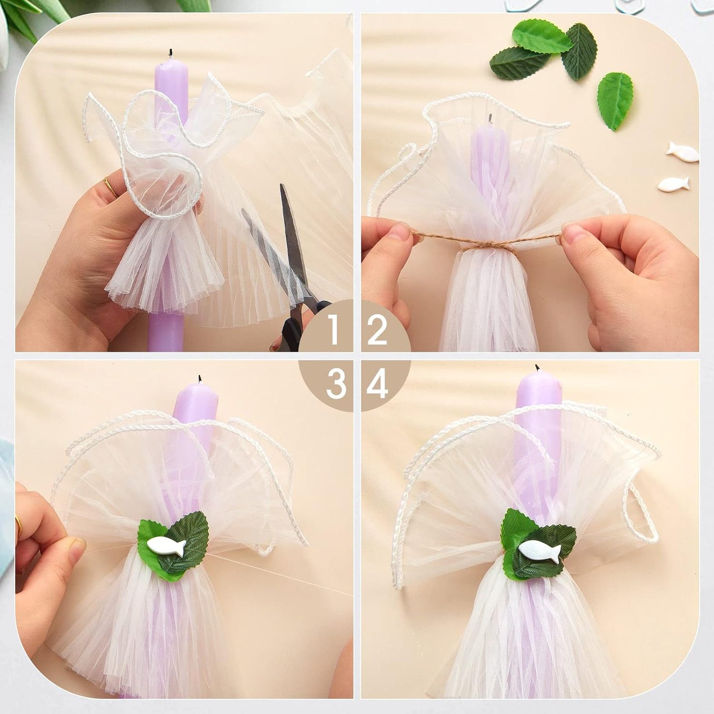 Set Di Gonne Di Candele per Comunione DIY per Fare 5-8 Tulle per Candele Con Foglie Di Eucalipto Pesce Protezione Antigoccia per Candela per Comunione Battesimo, Bianco