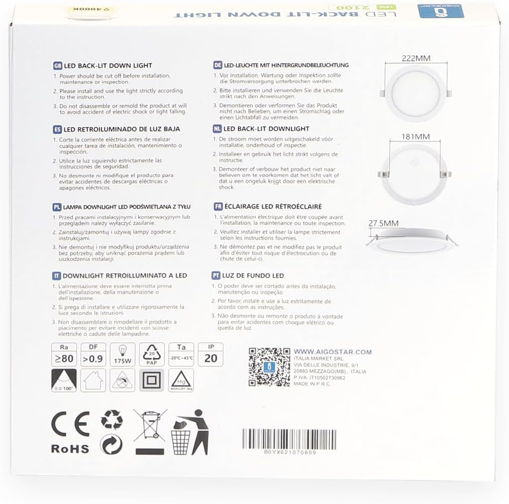 Downlight Da Incasso a LED, 18W Equivalente a 175W, Daylight 4000K, Faretti LED, Oblò a LED, Ф190-200Mm, Confezione Da 2