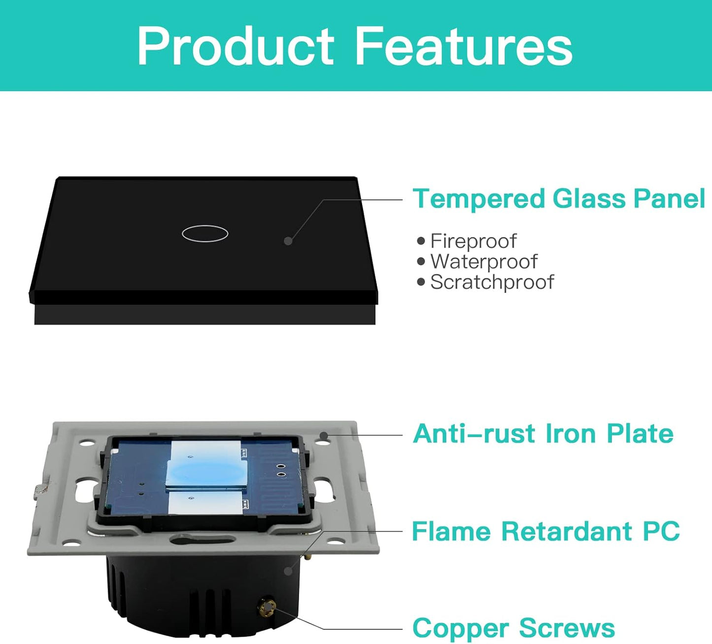 Interruttore Della Luce Touch 1 Scomparto a 2 Vie, in Vetro Nero, Interruttore Touch Screen, Funziona Con Lampada a LED Standard UE (Non Interruttore Intelligente)