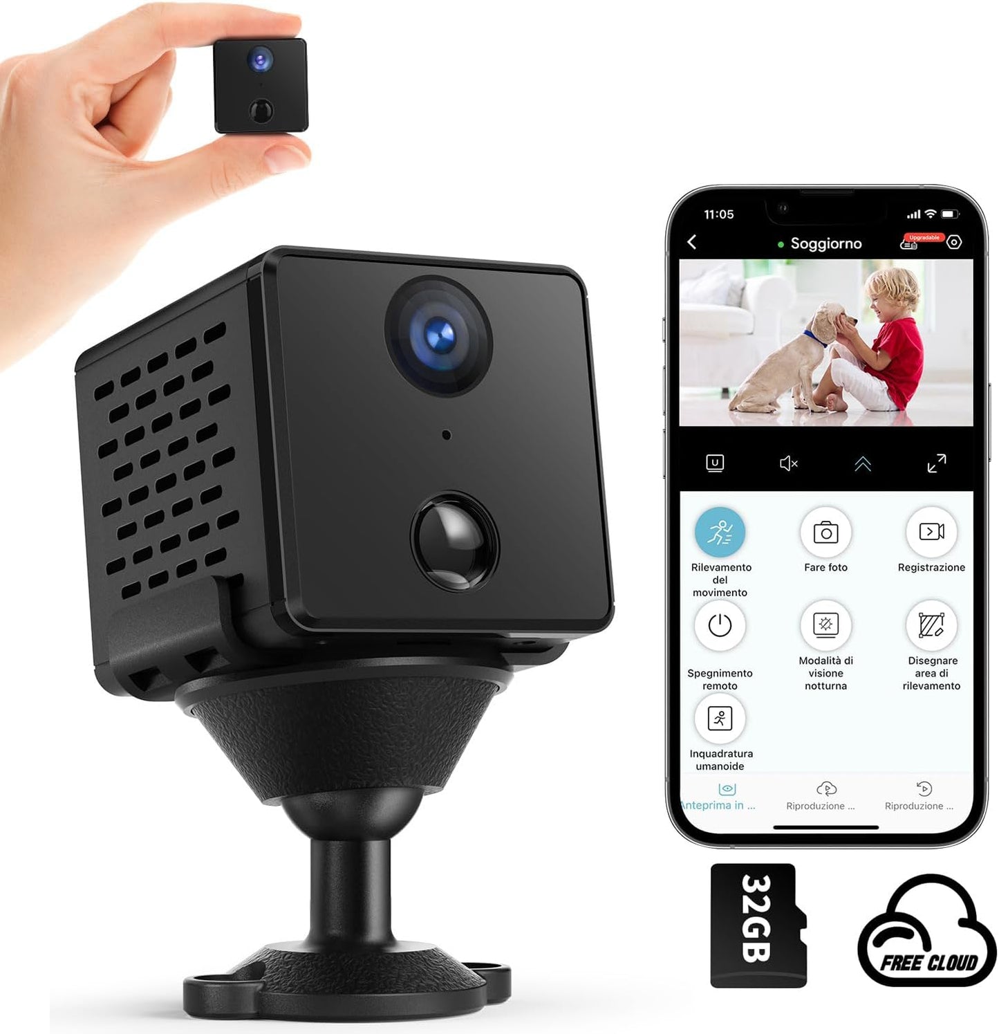 Telecamera Spia Wifi Interno, 4K HD Mini Nascosta Telecamera | Archiviazione Gratuita Su Cloud E Scheda SD | Rilevamento Di Movimento | Batteria Da 3000 Mah | Con Scheda Di Memoria Da 32GB