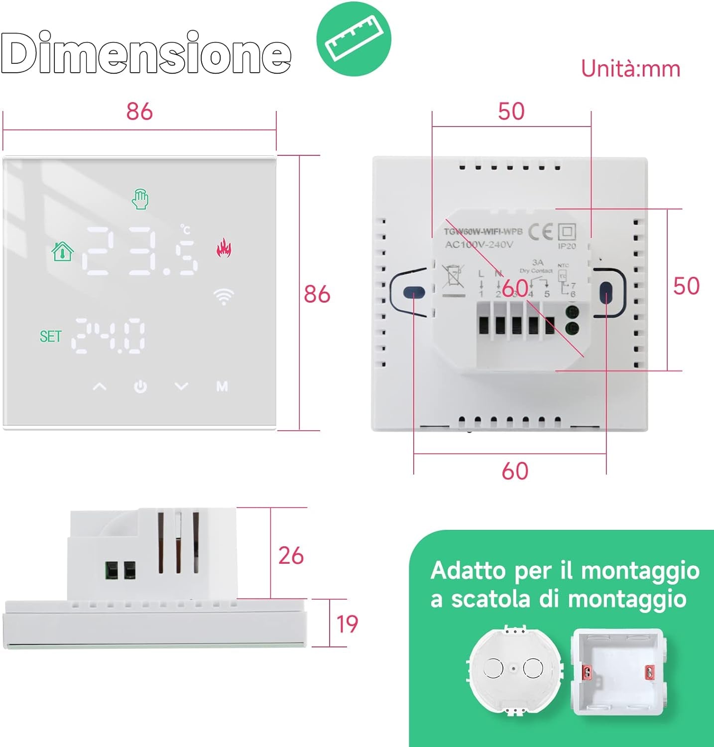 Termostato Wifi Caldaia a Gas,Termostato Programmabile Settimanale Intelligente,Termostato Controllo Con Tuya Samrt Compatibile Con Google Assistant E Alxe,Termostato Ambiente Digitale TGW60W-WPB