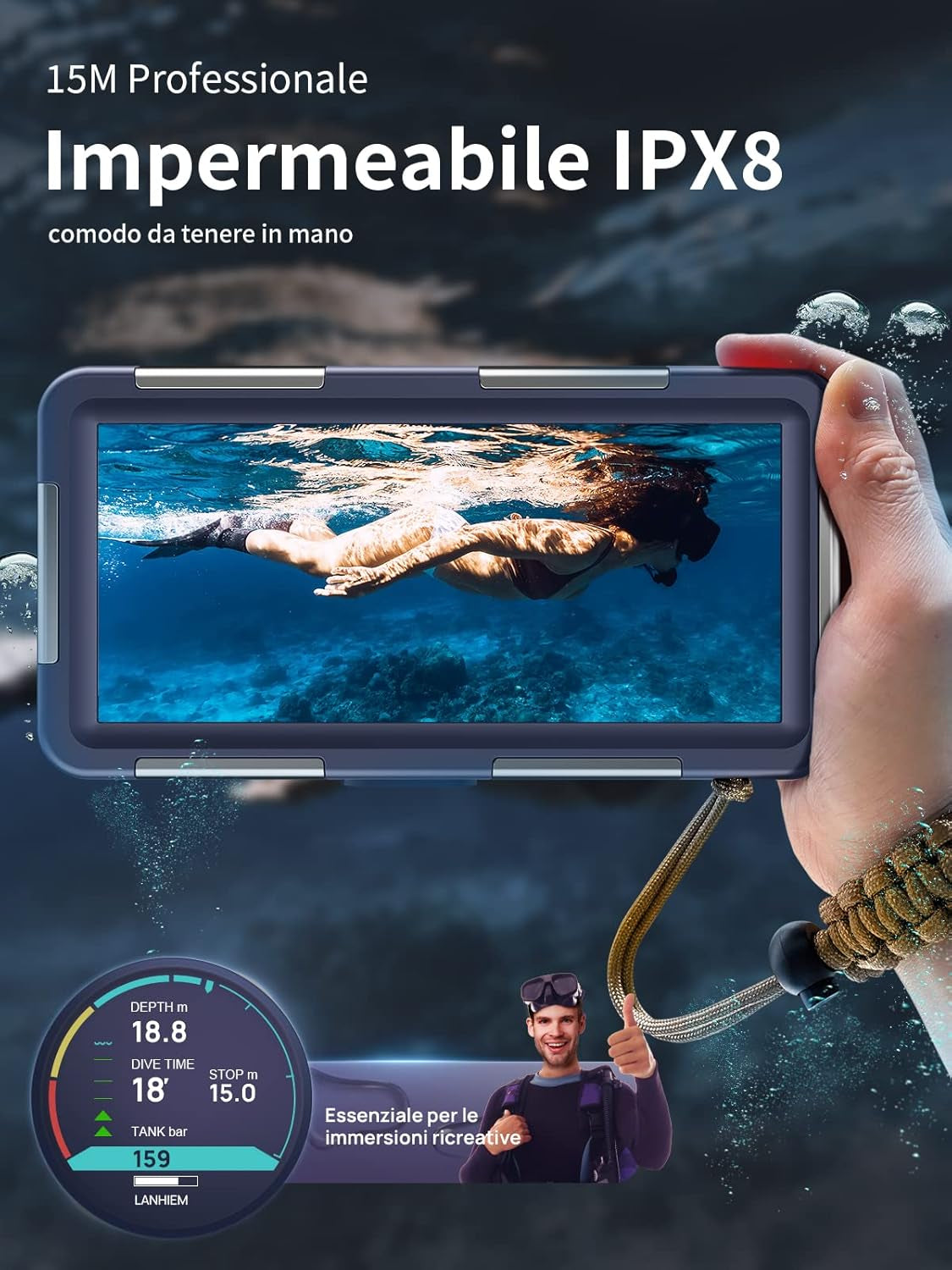 Custodia Impermeabile Subacquea Professionale IP68 15M per Iphone Samsung Huawei Xiaomi,Compatibile Con Telefoni Fino a 6,9 Pollici,Adatto per Immersioni Snorkeling Surf