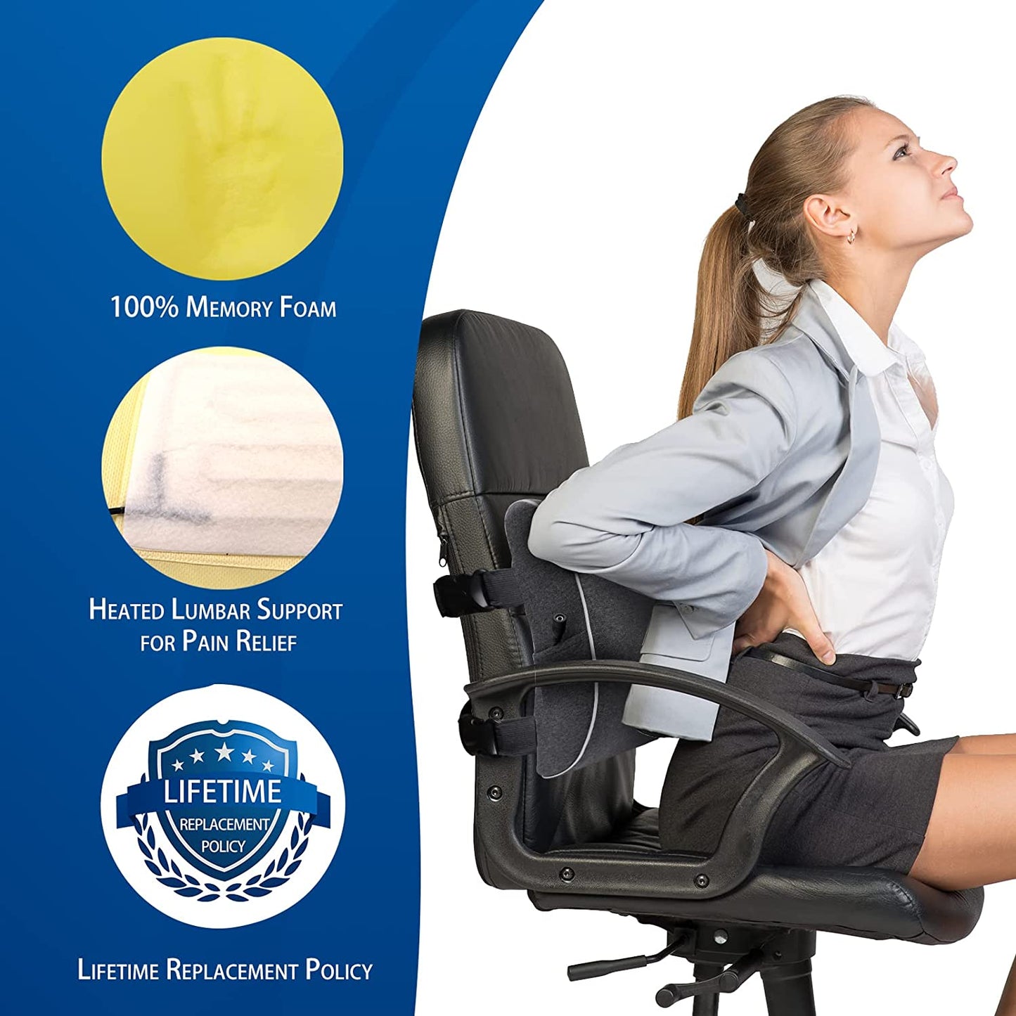 Cuscino Lombare Con Riscaldamento per Sedia Da Ufficio, Allevia Il Dolore Lombare Memory Foam Con Elemento Riscaldante (Blu Navy)
