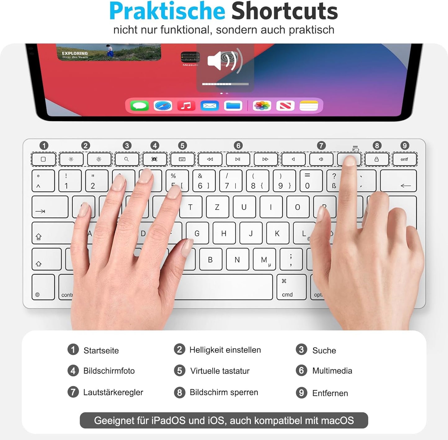 Tastiera Bluetooth Tedesca per Ipad, Ultra Sottile QWERTZ Compatibile Con Ipad 10,2/9,7, Ipad Pro 11/Ipad Pro 12.9, Ipad Air/Ipad Mini/Iphone, Connessione Stabile