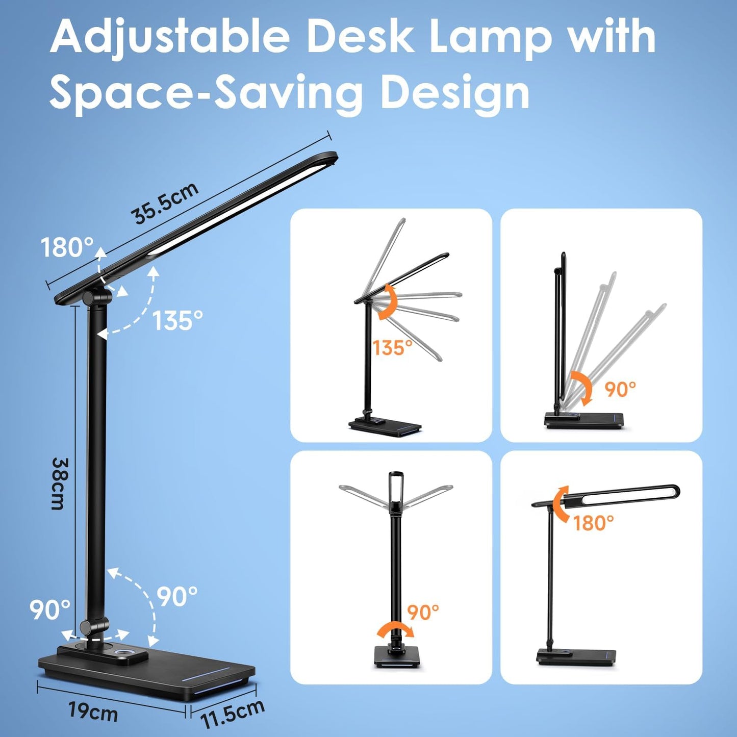 Lampada Da Scrivania Con 12W ADATTATORE, 900LM+15 Luminosità+5 Colori Lampada Da Tavolo LED Lampada Scrivania LED, Lampada LED Da Tavolo Con Puerto De Carga USB, Lampada Da Scrivania a Led Pieghevole