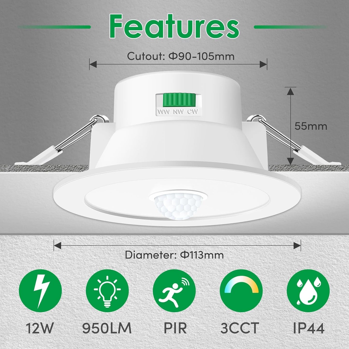 Faretti LED Da Incasso per Cartongesso Con Sensore Di Movimento, 12W 950LM, AC 220-240V, 3000K 4000K 6500K Regolabile, IP44, Diametro Del Foro 90-100MM