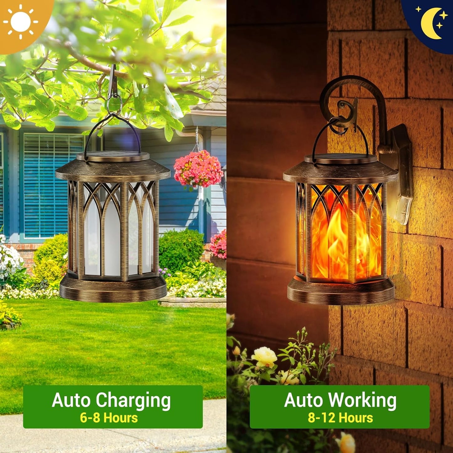 Lanterna Solare Color Rame per Esterni, 2 Lanterne Solari Con Effetto Fiamma Simulato, IP65, Impermeabile, Con Clip per Esterni, Giardino, Balcone