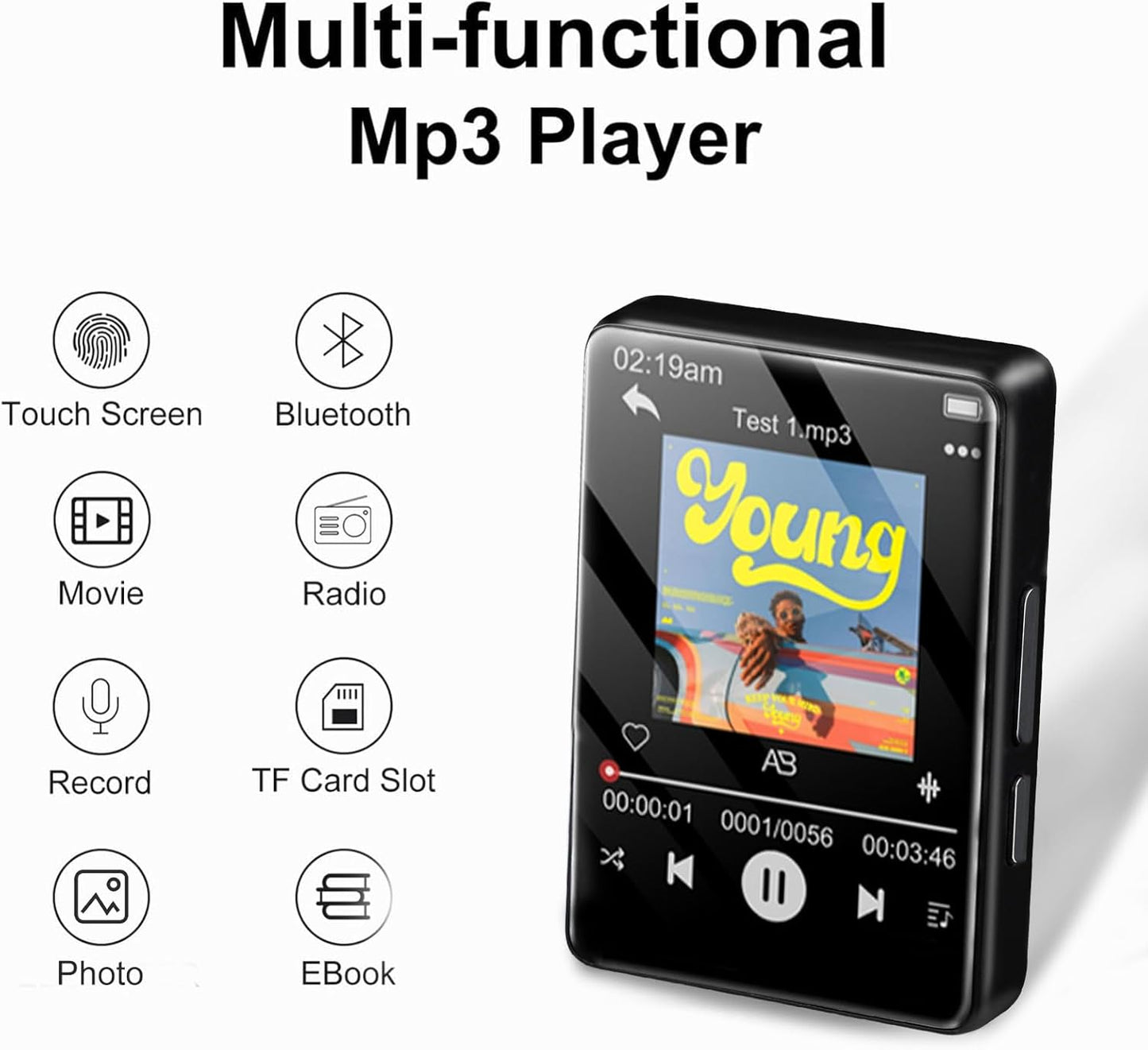 32GB Lettore MP3 Bluetooth 5.2, 2.4" Schermo Tattile Lettore Musicale Con Altoparlante HD Integrato, Radio FM, Registratore Vocale, Qualità Del Suono Hifi, E-Book, Auricolari Inclusi