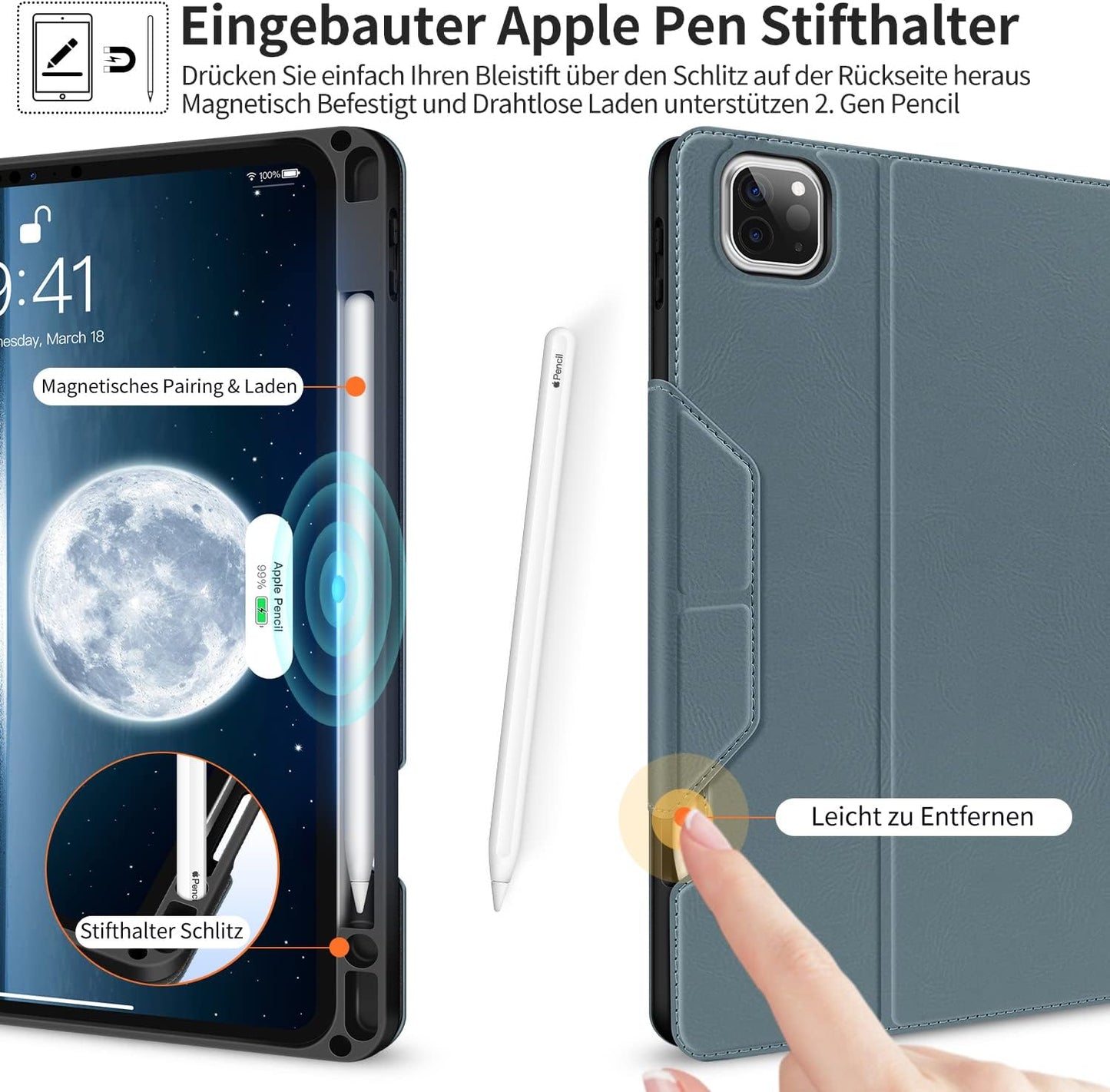 HOLIMET Custodia per Ipad Pro 11 2022 4 Generazione, 2021/2020/2018 (3/2/1A Gen) Ultra Smart Cover Con Pencil Holder per Pencil 2, Auto Svegliati/Sonno Case per Ipad Pro 11 Pollici - Blu