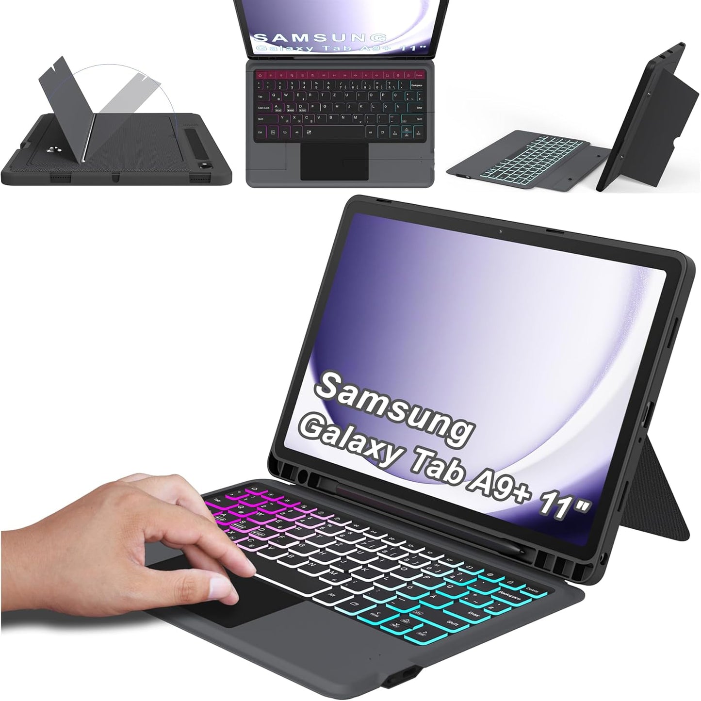 Custodia per Galaxy Tab A9+/A9 plus Da 11", Con Tastiera QWERTZ: Illuminazione a 3 Zone, Tastiera Con Trackpad, Tastiera Con Supporto per Samsung Galaxy Tab A9+ 2023 (SM-X210/X215/X216B)