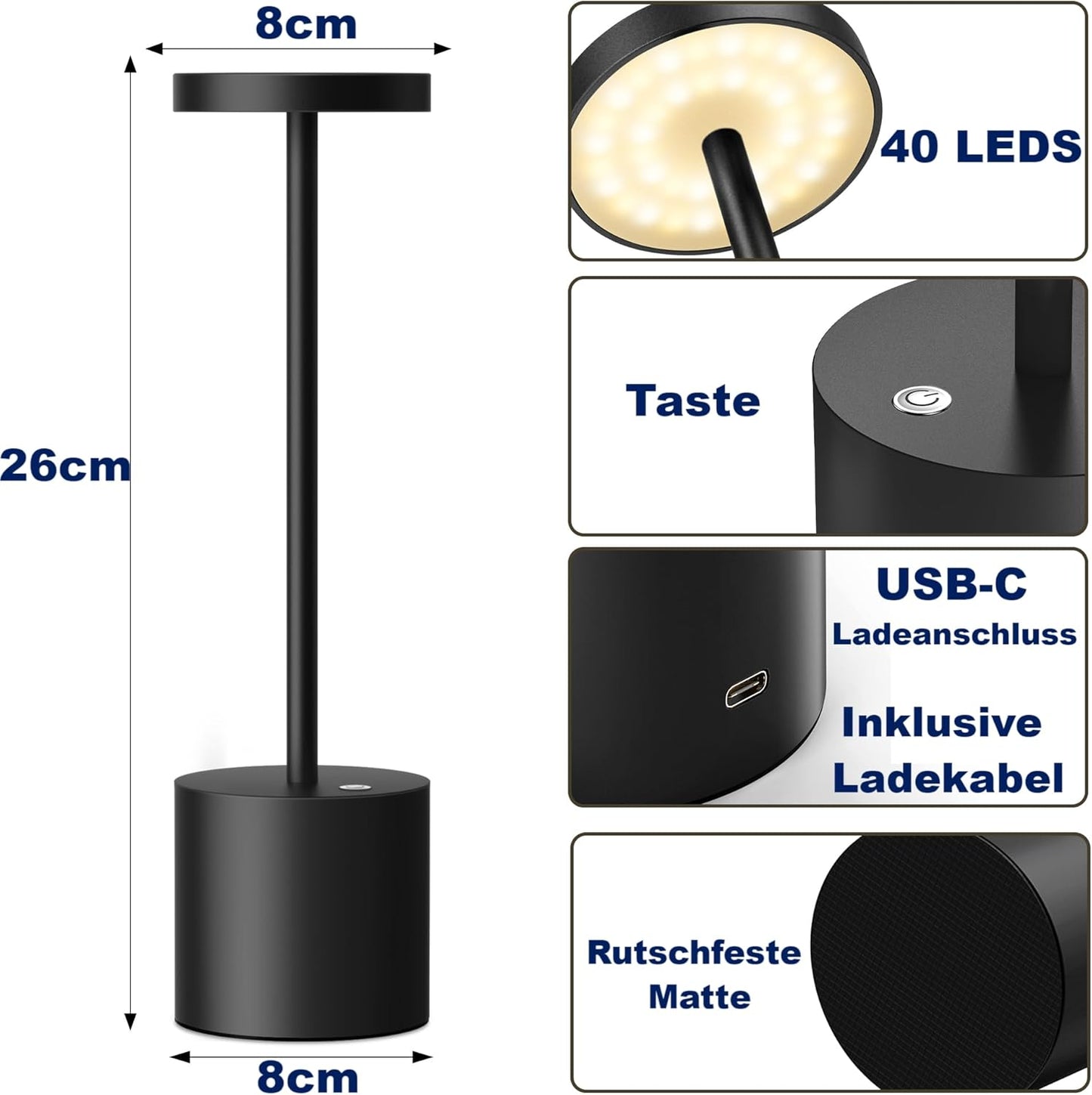 Lampada Da Tavolo Senza Fili, 5000 Mah, in Metallo E Alluminio, Dimmerabile, Lampada Da Tavolo, Portatile, Ricaricabile, USB, per Interni Ed Esterni, Sala Da Pranzo, Bar, Terrazza (2 Nero)