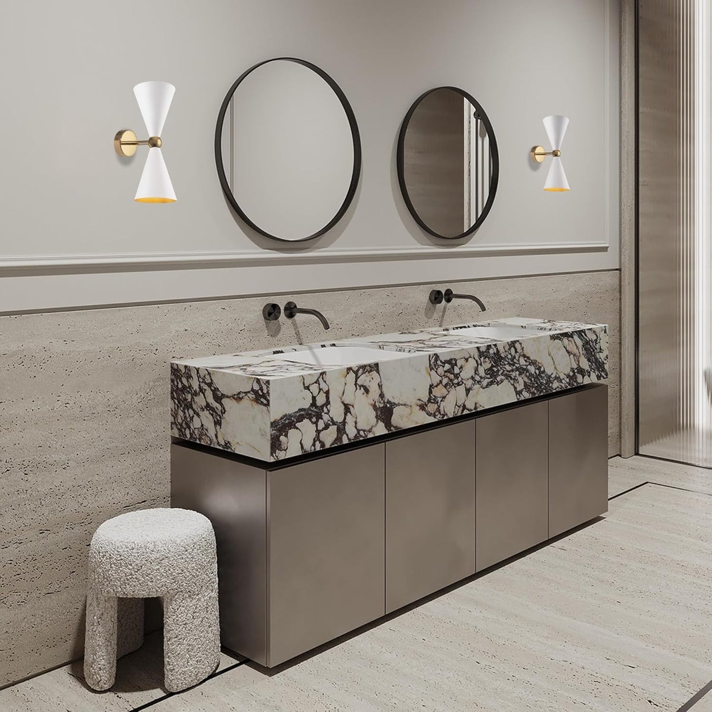 Moderna Applique Lampada Da Parete Bidirezionale a 2 Luci, Bianco E Oro, Paralumi Orientabili, per 2 Lampadine E14 40W Non Incl. per Sala, Camera Da Letto, Soggiorno, Cucina
