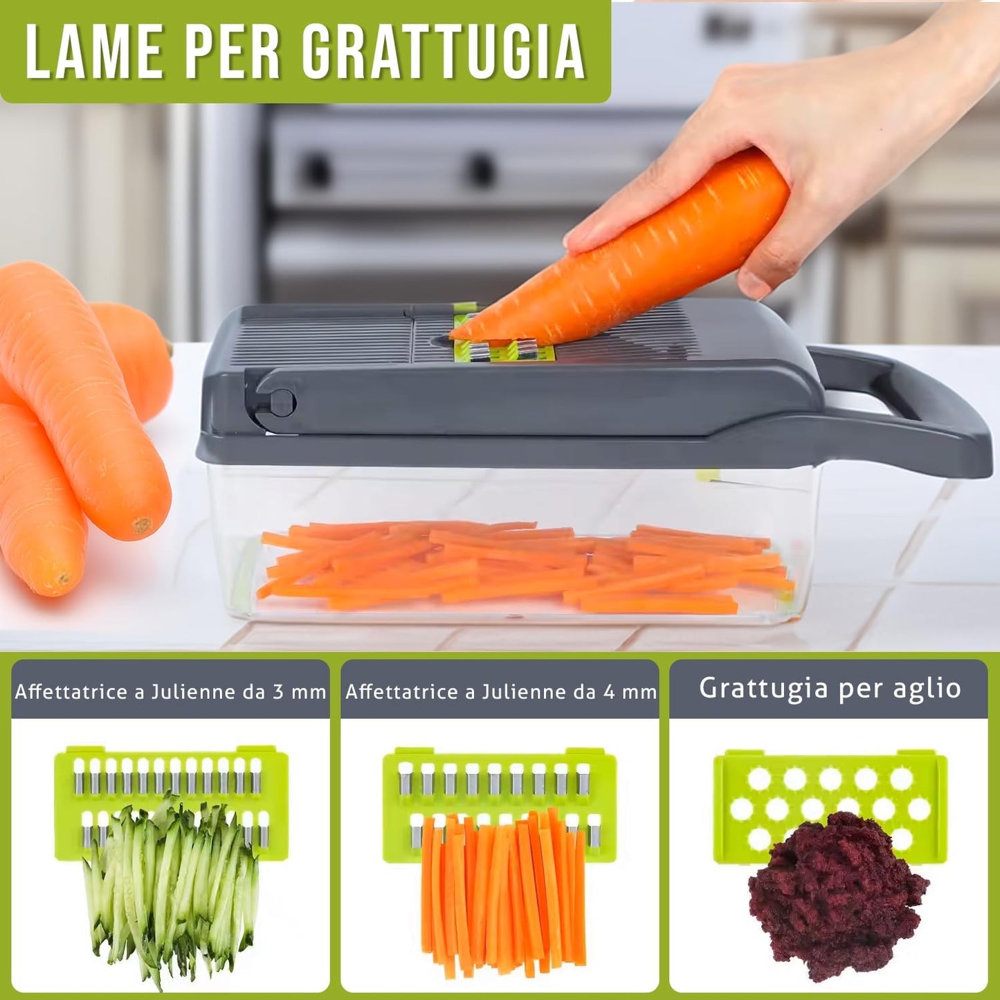 Mandolina 16 in 1 - Tagliaverdure Multiuso Con Lame Intercambiabili, Grattugia, Affettatrice, Tritatutto E Accessori Di Sicurezza, Ideale per Frutta, Verdura, Insalate E Altro
