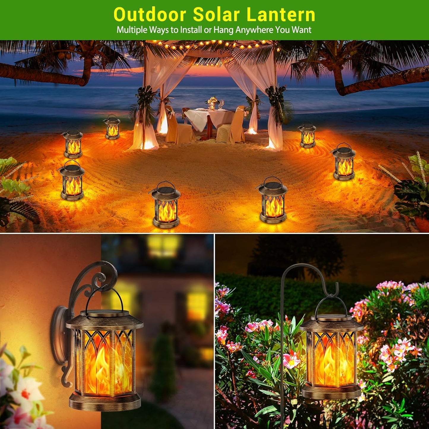 Lanterna Solare Color Rame per Esterni, 2 Lanterne Solari Con Effetto Fiamma Simulato, IP65, Impermeabile, Con Clip per Esterni, Giardino, Balcone