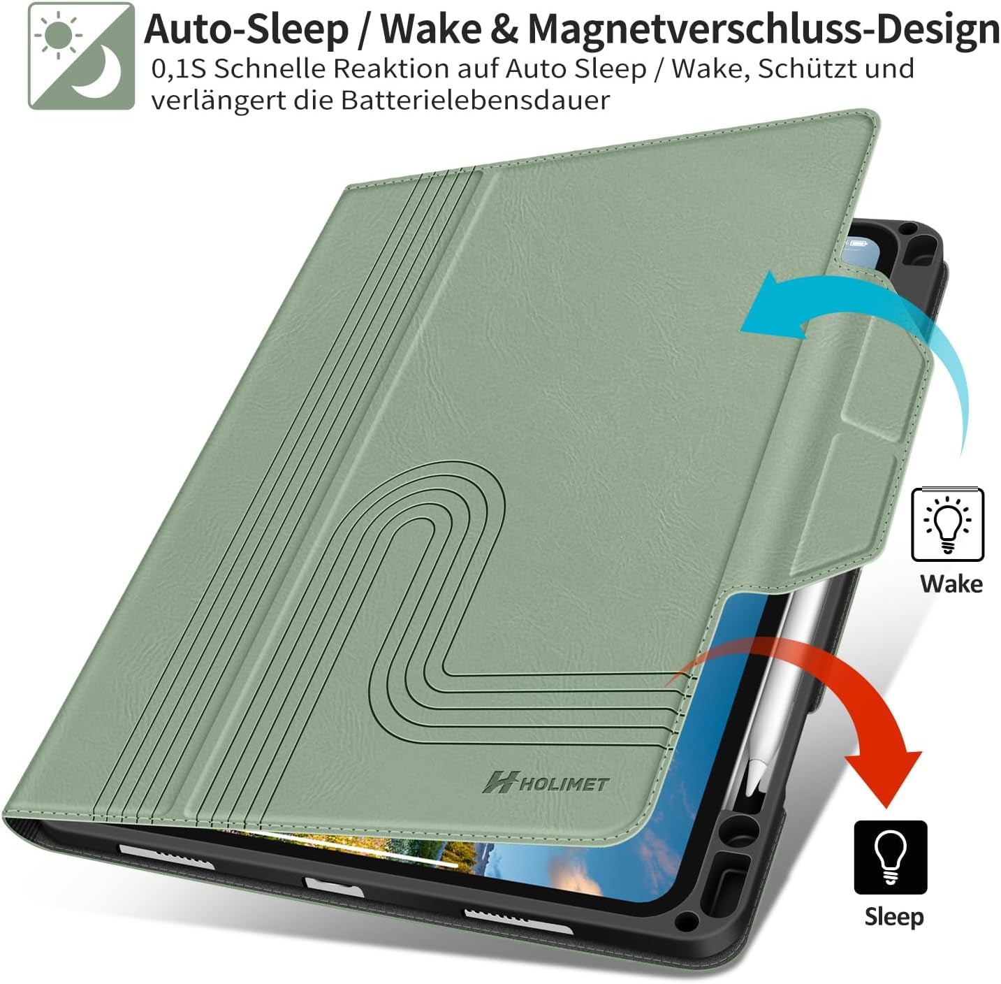 HOLIMET Custodia per Ipad Pro 11 2022 4 Generazione, 2021/2020/2018 (3/2/1A Gen) Ultra Smart Cover Con Pencil Holder per Pencil 2, Auto Svegliati/Sonno Case per Ipad Pro 11 Pollici - Verde