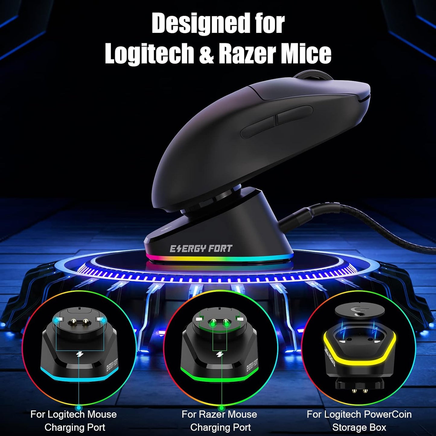 Di Ricarica per Razer E Logitech Mouse Wireless, Adatto per Razer Naga Pro/Deathadder V2 Pro/Viper Ultimate, per Logitech G Pro/G502 X PLUS/G903 Lightspeed, Magnetico Mouse Dock -Nero/Rgb