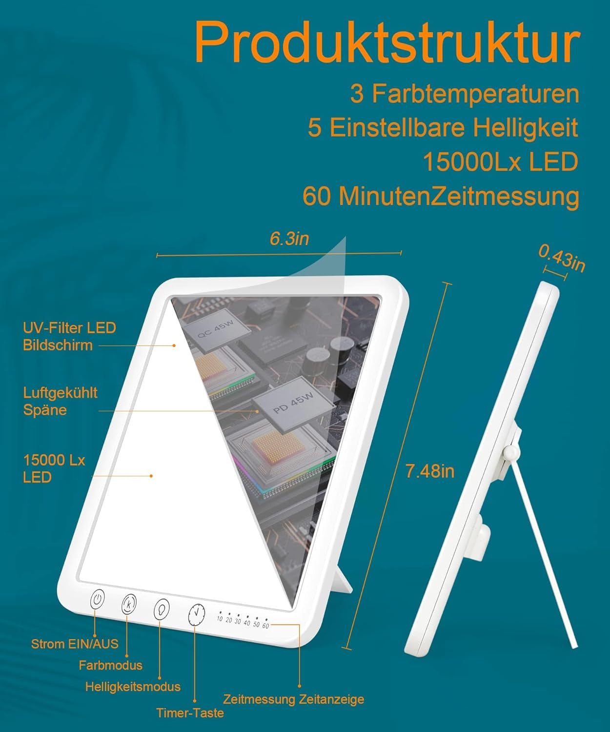 Lampada Diurna 15000 Lux, Lampada a LED per Terapia, Senza Raggi UV, Luce Diurna, Lampada LED Daylight, Touch Control Luce Solare, Lampada a Spettro Completo per Casa/Ufficio