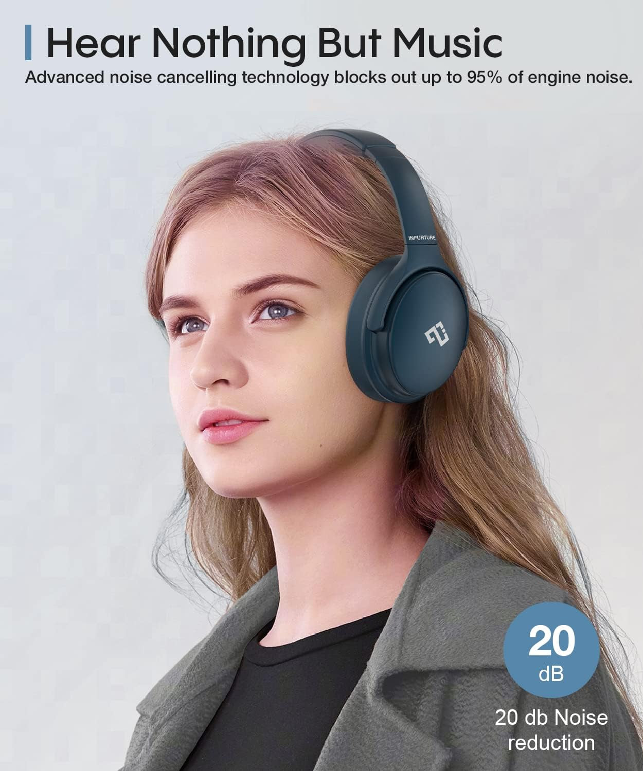 INFURTURE Cuffie con cancellazione del rumore Bluetooth 5.0, Cuffie over-ear wireless, Bassi profondi stereo Hi-Fi, Cancellazione del rumore, Ricarica rapida 40 ore di riproduzione per TV, viaggi, ufficio a casa