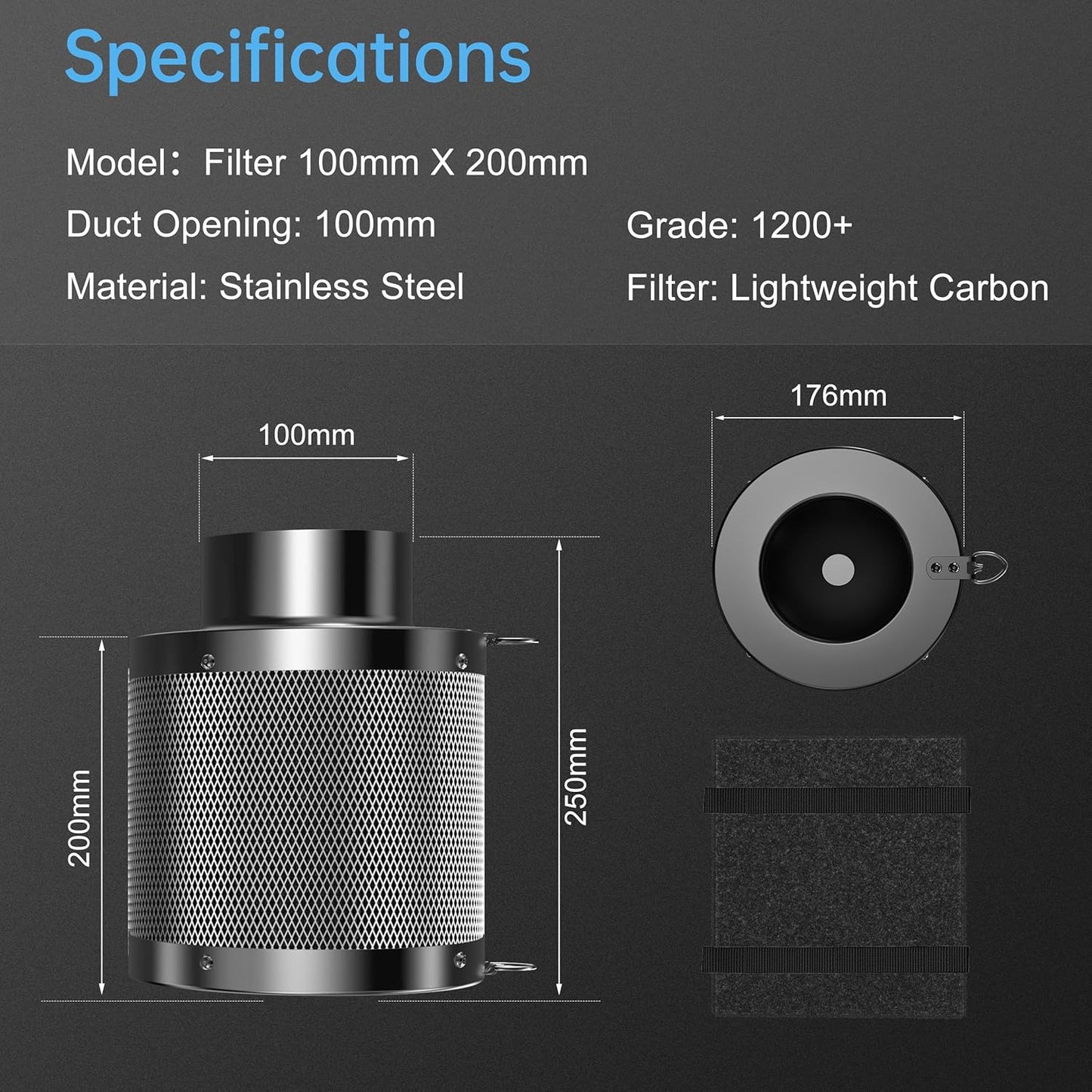 Filtro Ai Carboni Attivi, 100 Mm, Con Leggero Carbone, Lunghezza 200 Mm, Spessore 38 Mm, per Il Controllo Degli Odori, Depuratore D'Aria per Ventilatori Tubi, Tende Da Coltivazione,