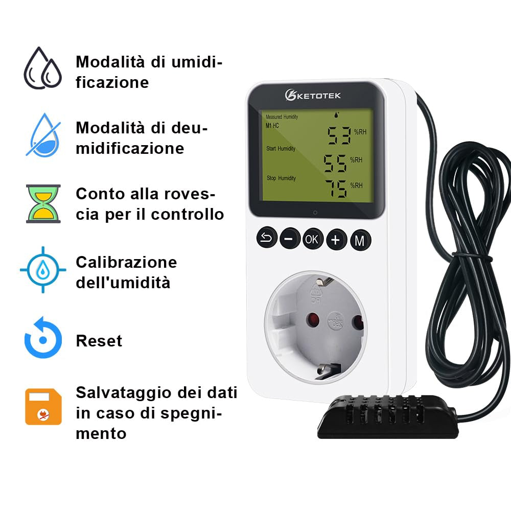 Igrostato a Presa Con Sonda 220V, Regolatore Di Umidità Spina Digitale Con Funzione Coutdown per Grow Box Incubatrice Uumidificatore Deumidificatore