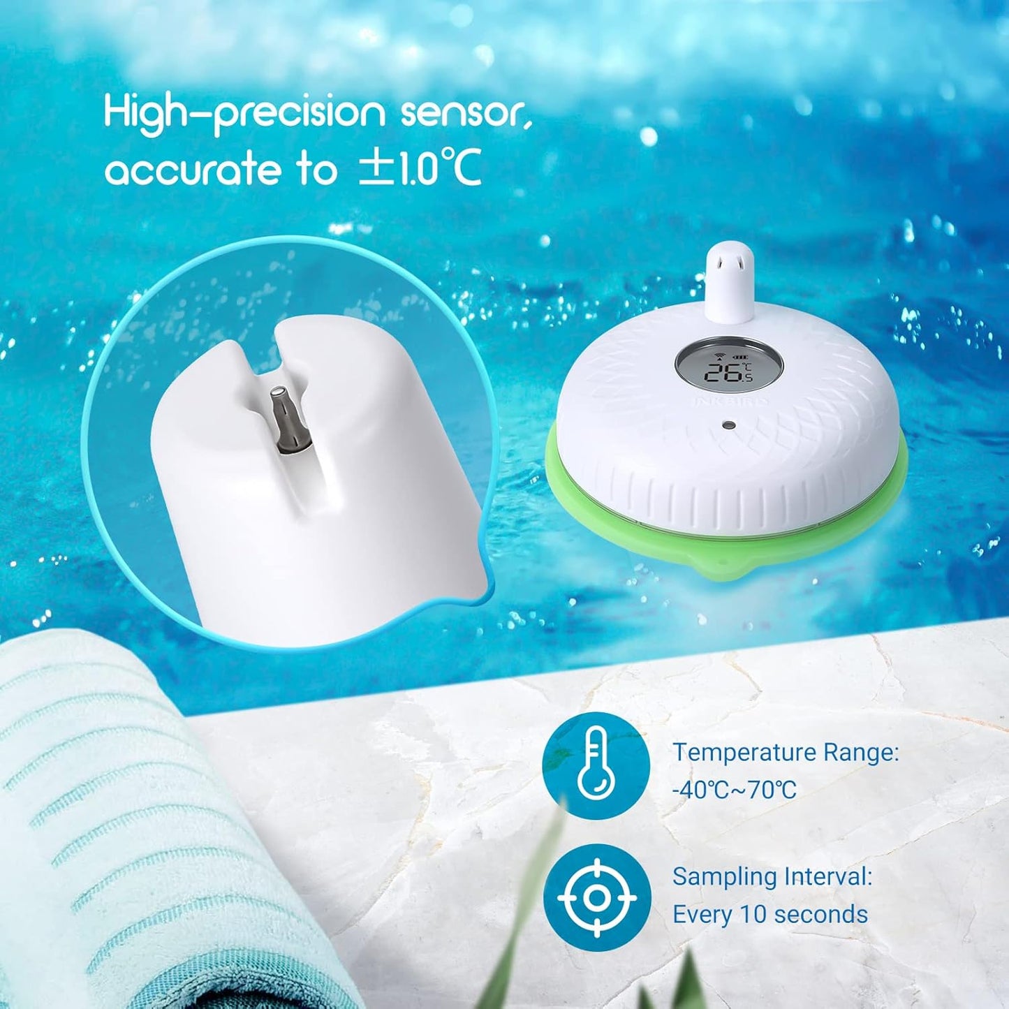 IBS-P02R Termometro per Piscina Digitale IPX7 Impermeabile Termometro Galleggiante Termometro Neonato Bagnetto Wireless Con Monitor Di Temperatura E Umidità per Piscina Acqua Bagno