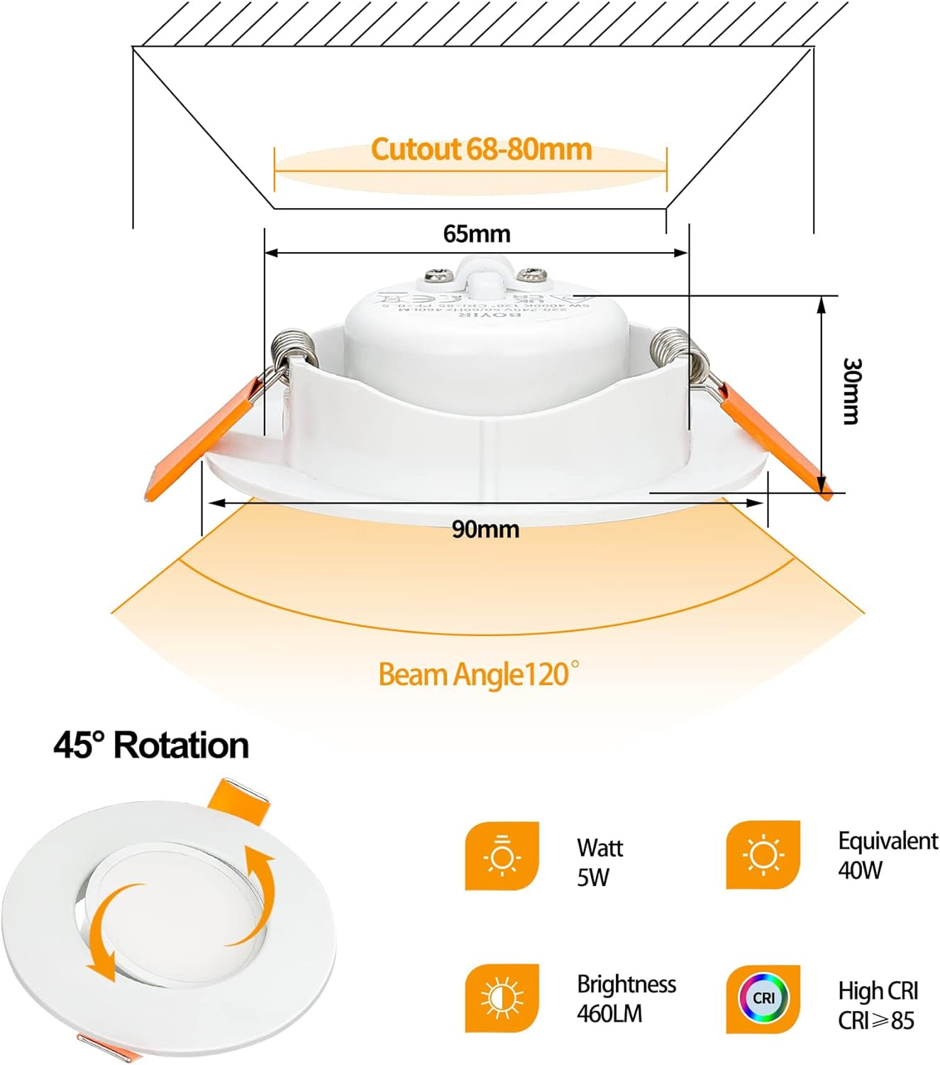 Faretti Da Incasso per Cartongesso 5W Dimmerabili 3000K Bianco Caldo 460LM Faretti LED Interno Ultrasottil 230V Orientabili a 45°Diametro Foro 68 Mm Faretto Da Bagno Rotondo Bianco, Set Da 6