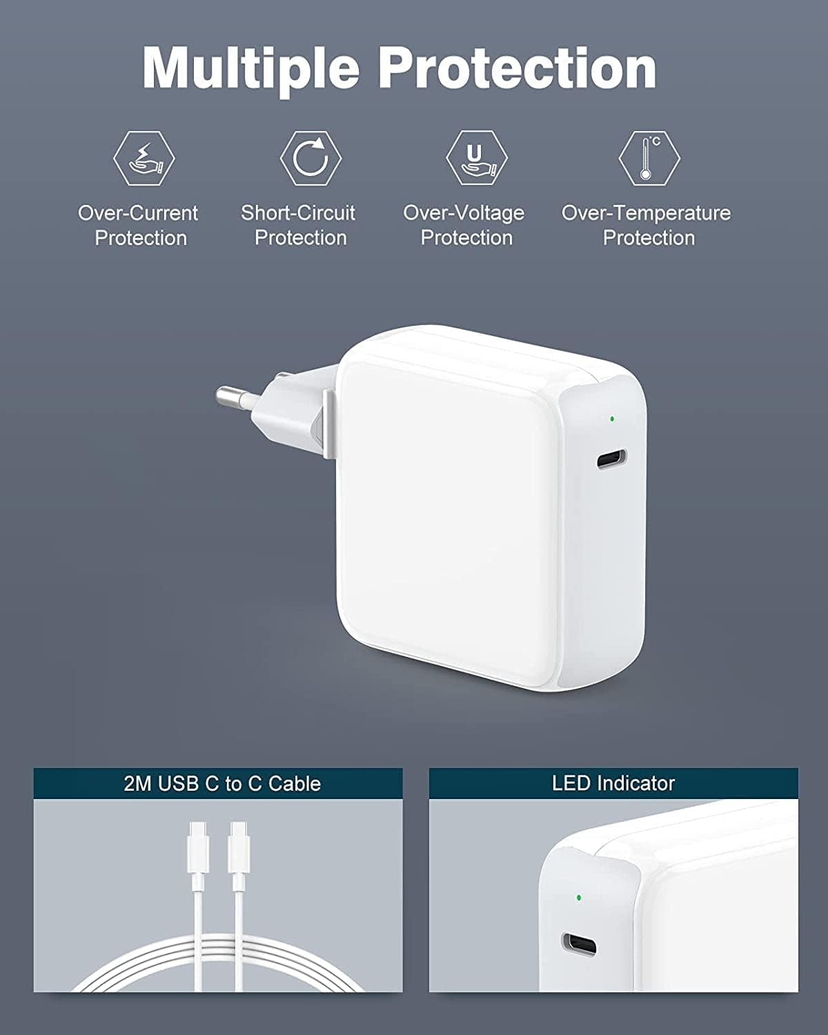 67W Caricatore per Macbook Pro 13/14/ 15/16 Pollici, Macbook Air 2020/2019/ 2018, Ipad Pro 12.9/11", HP, Lenovo, Caricabatterie Rapido, Cavo USB C a C 2M, LED